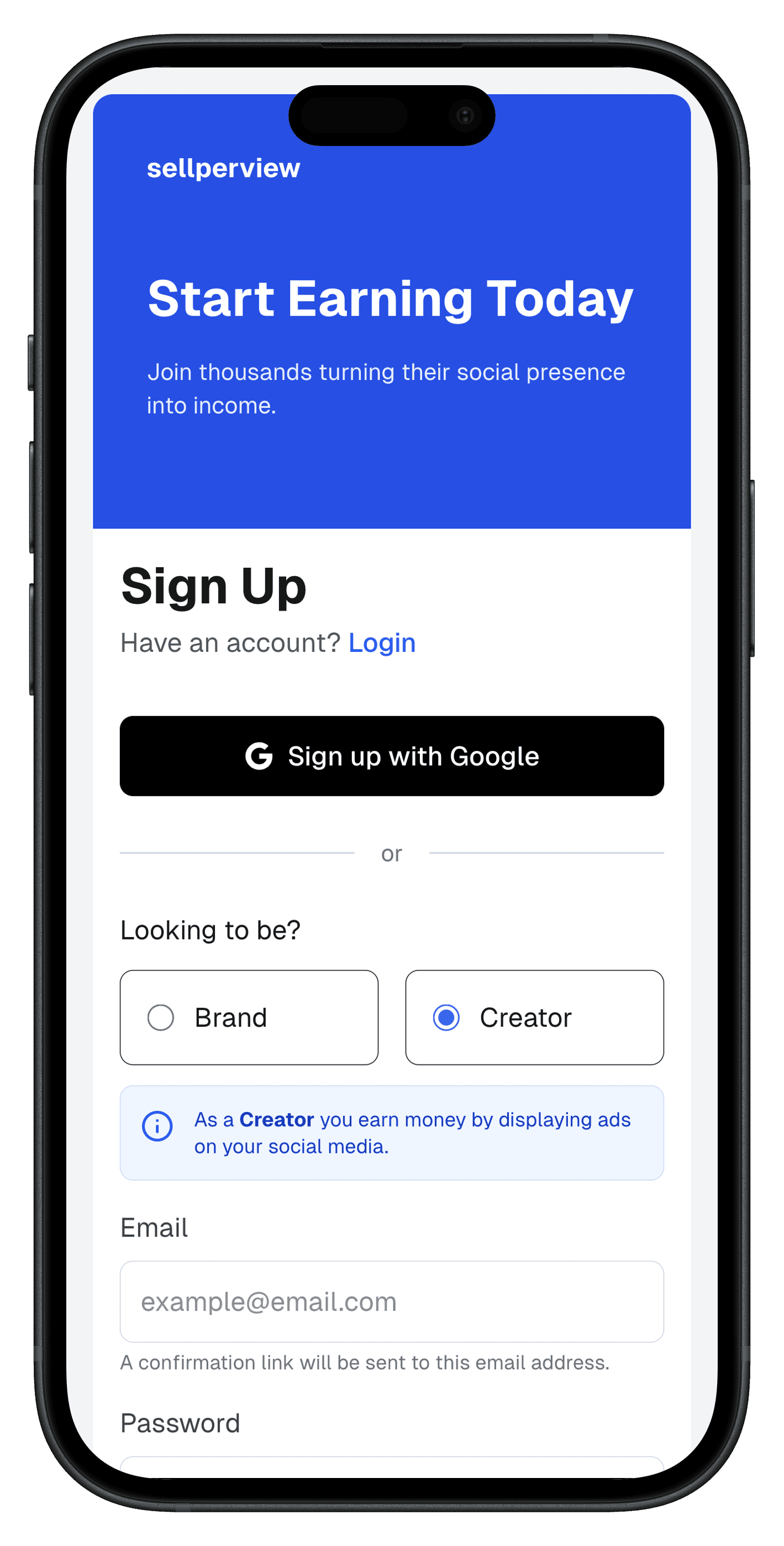 Mobile App Interface - Create Publisher Account