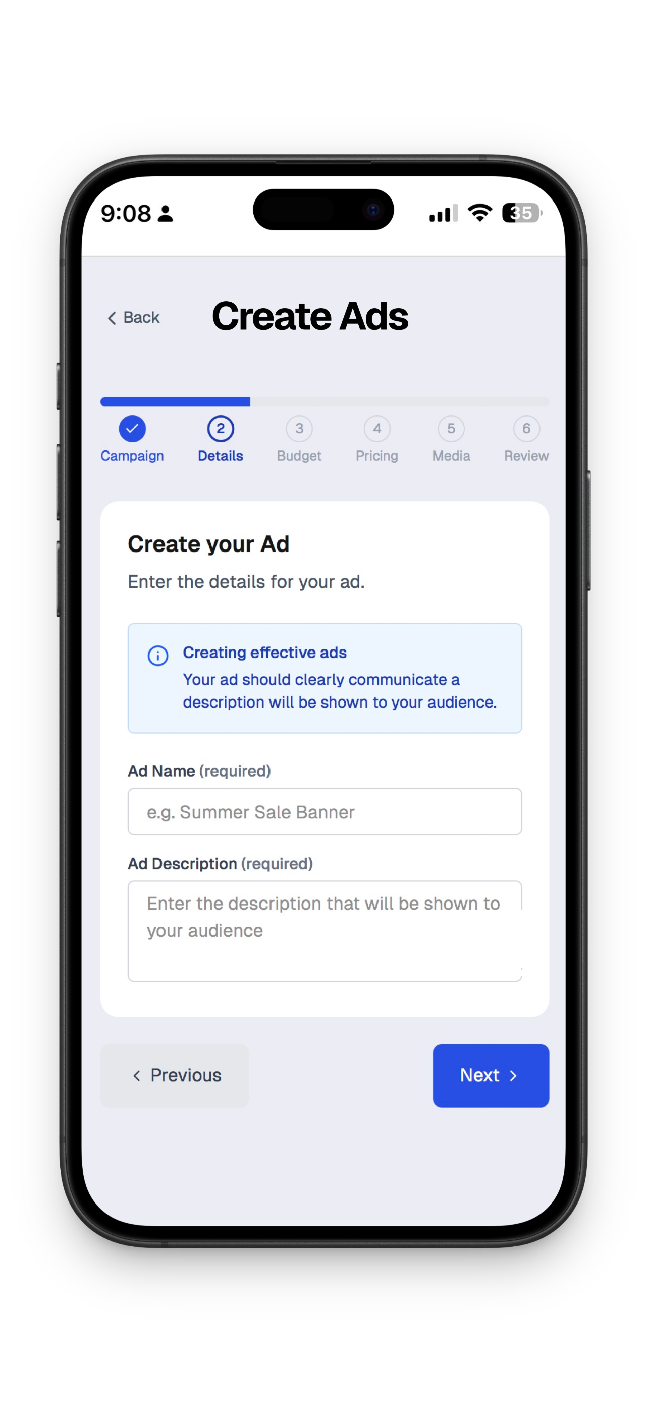 Mobile App Interface - Create Campaign
